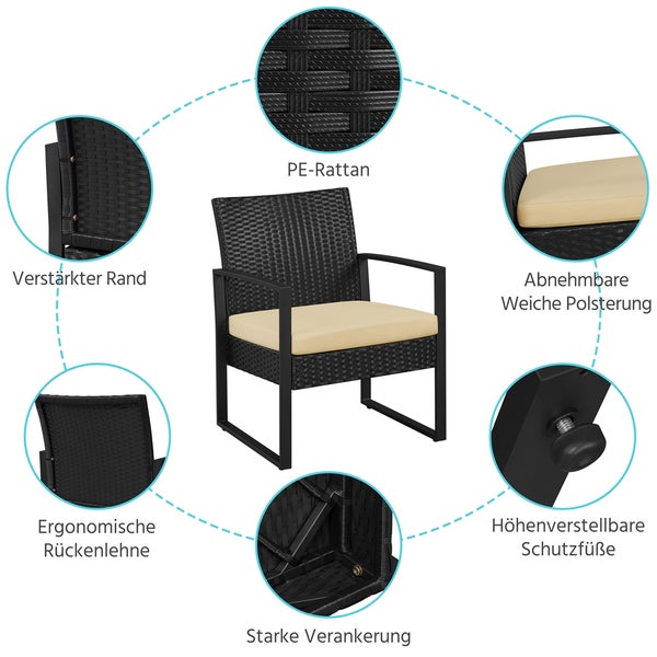 Detailansicht eines Rattansessels mit verstärktem Rand, PE-Rattan, abnehmbarer weicher Polsterung, höhenverstellbaren Schutzfüßen, starker Verankerung und ergonomischer Rückenlehne