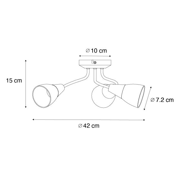 Technische Zeichnung einer Deckenleuchte mit drei Strahlern, Abmessungen sind eingezeichnet.