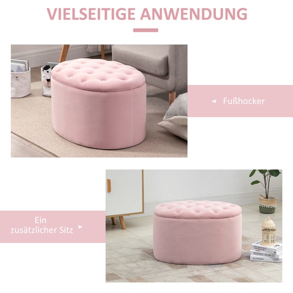 HOMCOM Sitzbank mit Stauraum, Ovale Form, Flur, Schlafzimmer, Wohnzimmer, 71 x 52 x 42 cm, samtartiges Polyester, Rosa