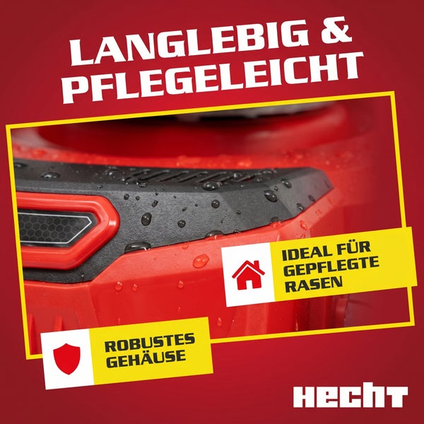 Hecht Mähroboter mit robustem Gehäuse und Wassertropfen. Langlebig, pflegeleicht und ideal für gepflegte Rasen. Hecht Logo.