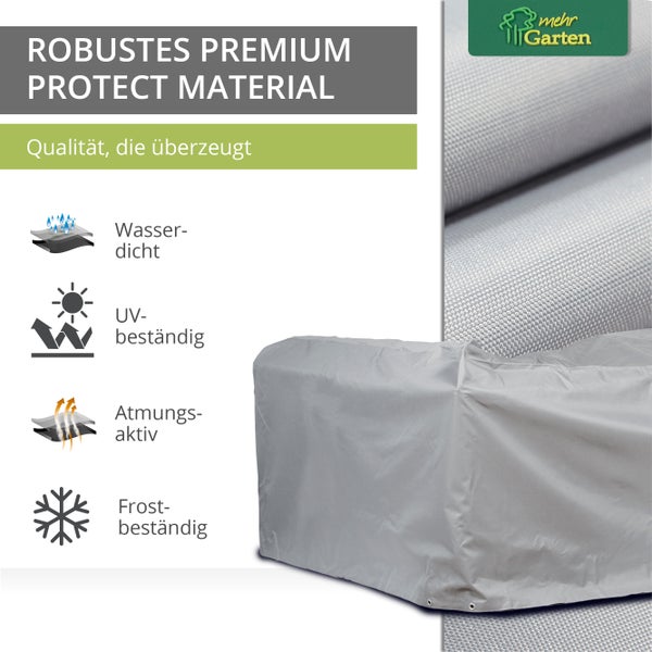Mehr Garten - Premium PROTECT Eck-Lounge-Abdeckung quadratisch, 365(B) x 365(T) x 80(H) cm I Gartenmöbel-Schutzhülle wasserdicht, UV-beständig, atmungsaktiv, Gewebe I Taupe/Hellgrau