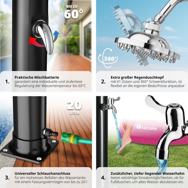 Solardusche tectake Tinto inklusive Wasserhahn 20 Liter schwarz