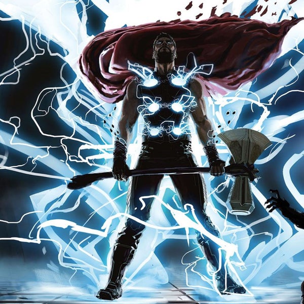 Illustration von Thor mit seinem Hammer inmitten von Blitzen
