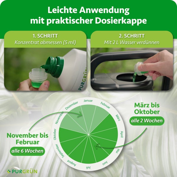 Anwendungshinweise und Düngekalender für Purgrün Flüssigdünger mit Dosieranleitung und saisonalem Anwendungsplan.