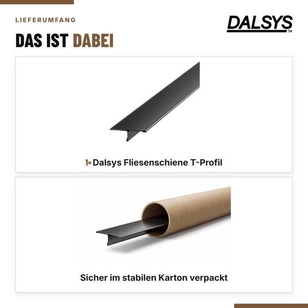 Lieferumfang eines Dalsys Fliesen T-Profils, sicher verpackt in einer stabilen Kartonrolle.