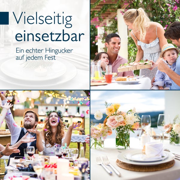 Helle Collage festlicher Szenen wie Hochzeiten und Familienessen mit eleganten Tischdekorationen aus Glas, Keramik, Blumen und Kerzen.