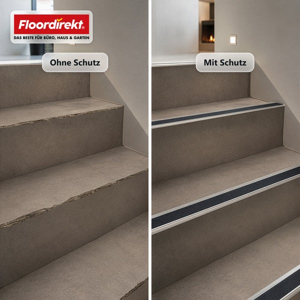 Vergleichsbild von Treppenstufen ohne und mit Floordirekt Treppenkantenprofil zur Rutschhemmung und zum Schutz der Stufenkanten.