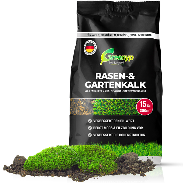 Greenyp Rasenkalk & Gartenkalk I 30kg / 600m² I fein gekörnter staubarmer kohlensaurer Kalk gegen Moos und Pilze im Rasen