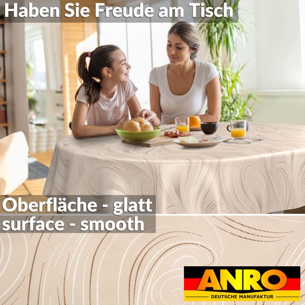 Rundes Tischtuch mit glatter Oberfläche und Wellenmuster auf einem Esstisch mit Frau und Kind. ANRO Logo.