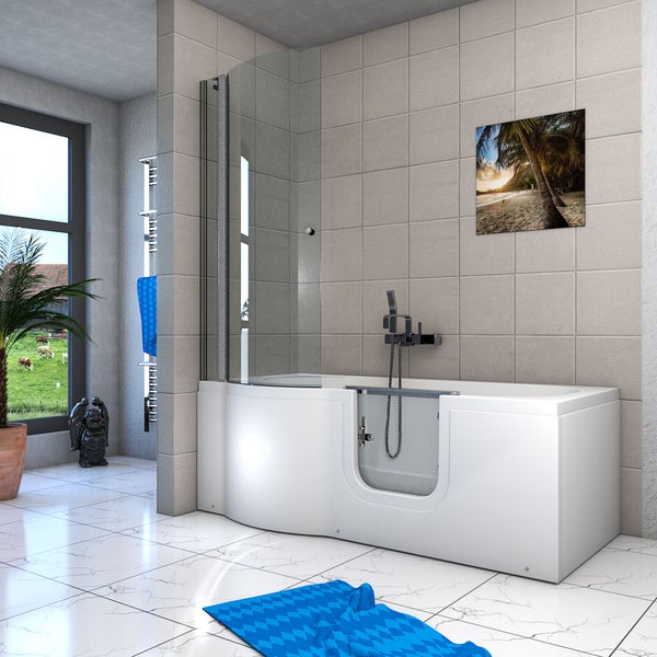 Begehbare Badewanne mit Tür und Glas-Duschabtrennung in einem modernen Badezimmer, verfügbar in linker und rechter Ausführung.