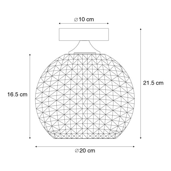Abmessungen einer Deckenleuchte: 10 cm Durchmesser der Deckenbefestigung, 20 cm Durchmesser des Lampenschirms, 16,5 cm Höhe bis zur Mitte des Lampenschirms, 21,5 cm Gesamthöhe.