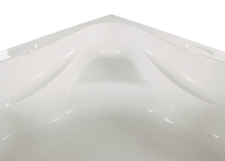 Eckbadewanne aus Acryl mit integrierter Sitzfläche, Detailansicht des Eckbereichs.