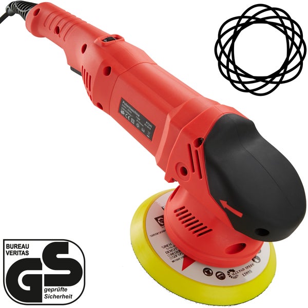 Poliermaschine mit Polierschwamm und GS Zeichen für geprüfte Sicherheit