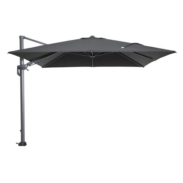 Anthrazitfarbener Ampelschirm mit quadratischem Schirmdach und seitlichem Metallgestell.