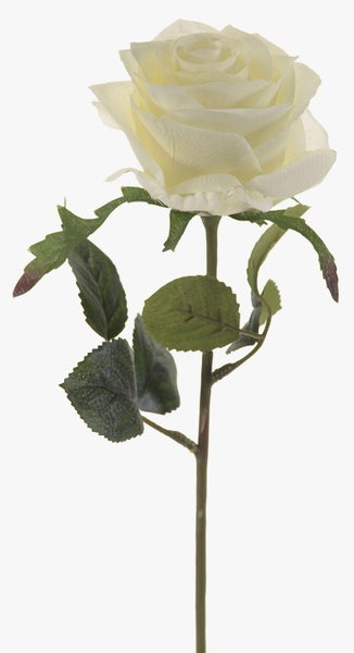 Weiße künstliche Rose aus Textilmaterial mit Stiel und grünen Blättern.