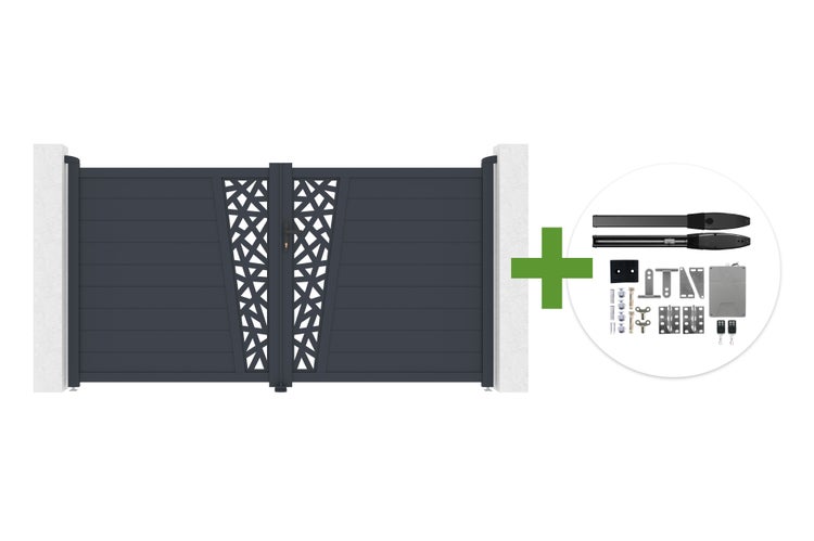 Zweiflügeliges Einfahrtstor in Anthrazit aus Aluminium mit modernem geometrischem Muster und elektrischem Torantrieb-Set.