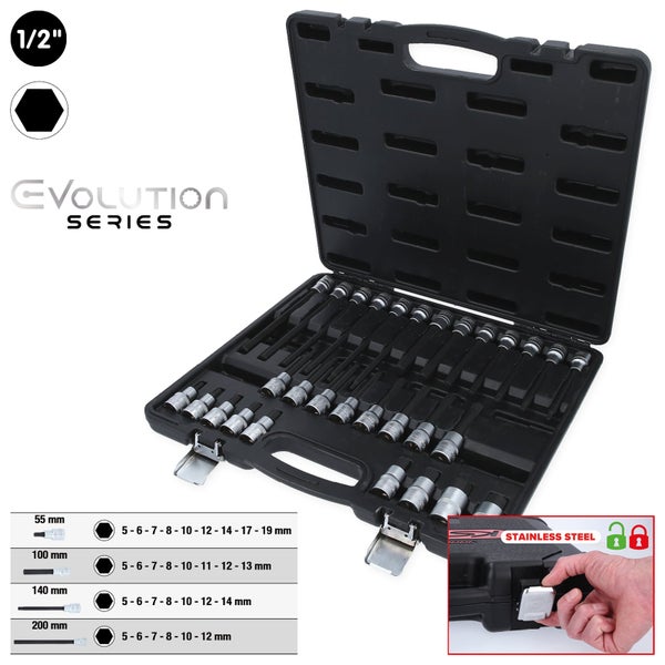 Steckschlüsselsatz mit Verlängerungen in schwarzem Koffer