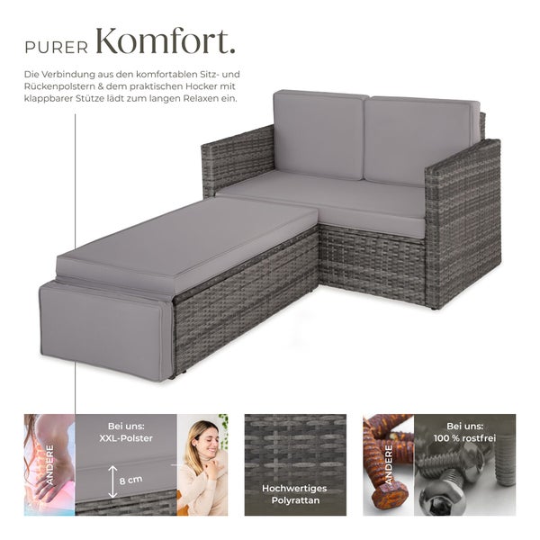 Polyrattan Gartenlounge-Set mit Sofa und Hocker, acht Zentimeter dicke Polster, rostfrei und wetterfest.