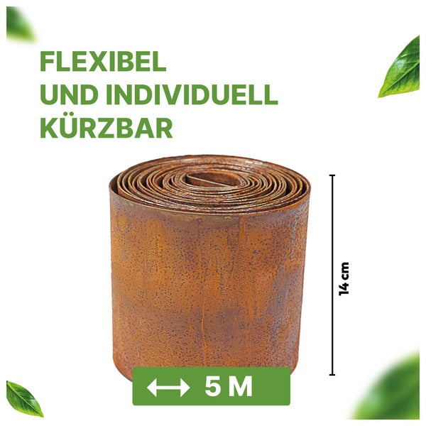 Flexible, individuell kürzbare Rasenkante aus Metall, 14 cm hoch, 5 Meter lang