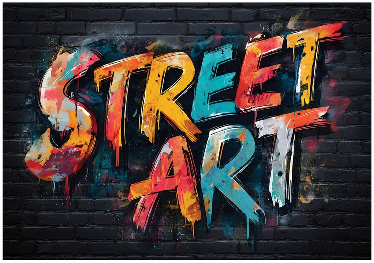 Farbiges Graffiti Street Art auf einer dunklen Ziegelwand, Wanddekoration oder Fototapete.