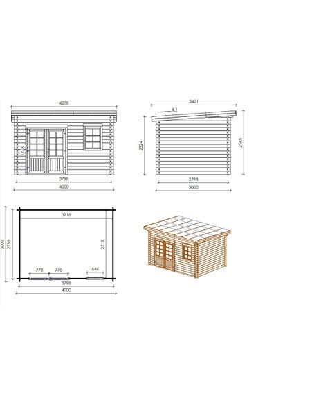 Technische Zeichnung und 3D-Ansicht eines Gartenhauses aus Holz mit Pultdach, Doppeltür und Fenster inklusive Maßen.