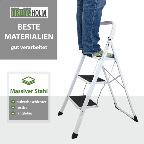 Trutzholm Haushaltsleiter aus massivem, pulverbeschichtetem Stahl mit zwei Stufen, standsicher und langlebig.