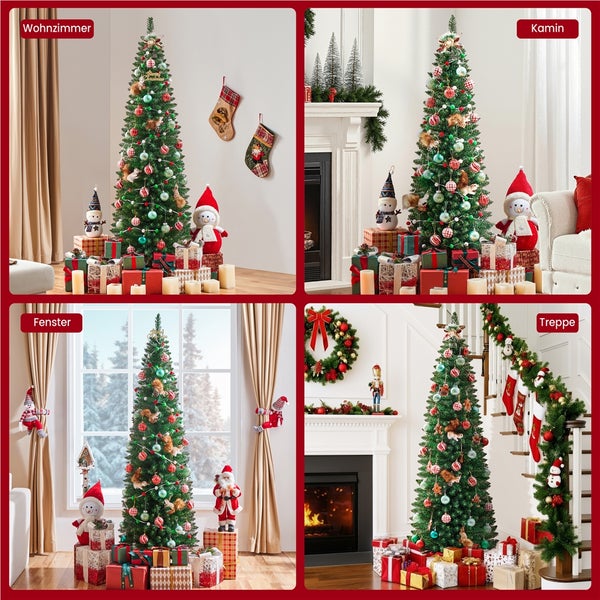 Collage mit Weihnachtsbäumen in Wohnzimmer, Kaminzimmer, vor Fenster und an Treppe