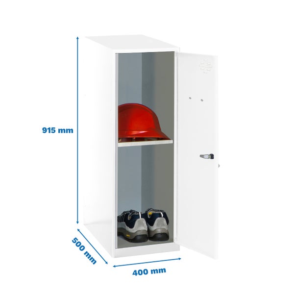 Weißer Garderobenschrank mit den Maßen 915 x 500 x 400 Millimeter mit einem Schutzhelm und einem Paar Schuhe