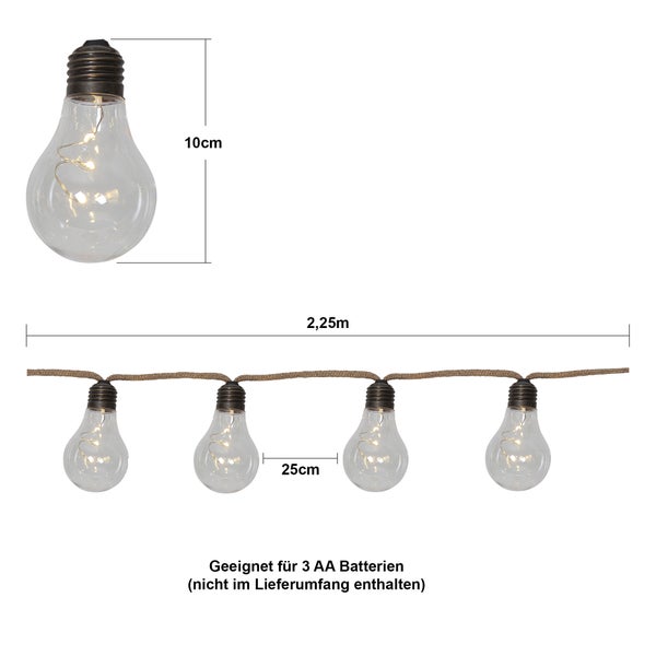 Dekorative Lichterkette mit Glühbirnenform, 2,25 Meter lang, für 3 AA Batterien geeignet