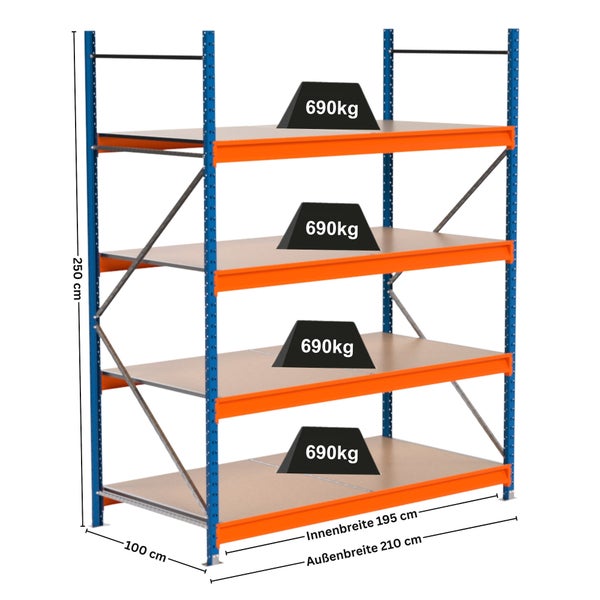Lagerregal mit vier Ebenen und einer Traglast von 690 Kilogramm pro Ebene.