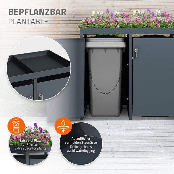 ML-Design Mülltonnenbox 4er mit Pflanzdach für 4 Mülltonnen, 240L 264x80x124cm Anthrazit, Stahl, wetterfest, Abschließbare Mülltonnenverkleidung mit Tür, Müllbox Mülltonnecontainer Mülltonnenabdeckung