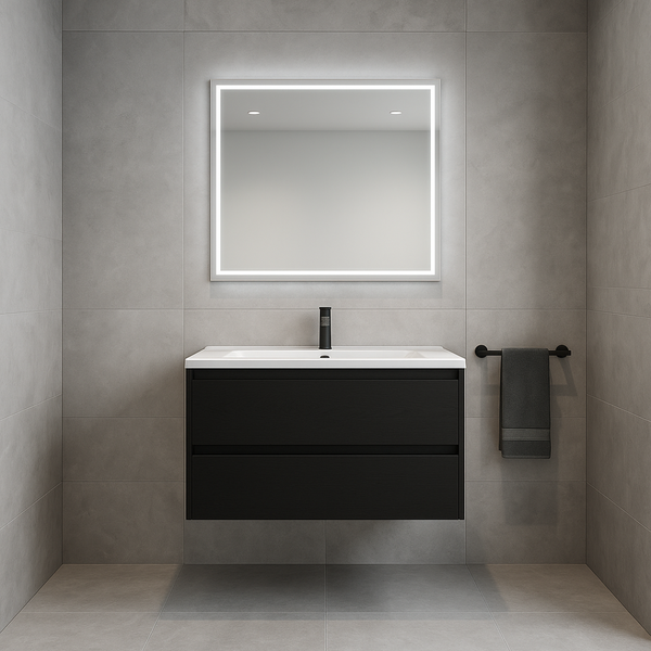 Modernes Badezimmer mit wandhängendem Waschbeckenunterschrank, weißem Waschtisch, schwarzer Armatur und beleuchtetem Spiegel vor gefliesten Wänden.