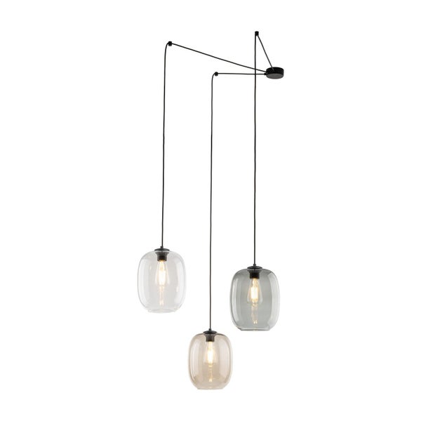 Dreiflammige Pendelleuchte mit Glasschirmen und schwarzer Aufhängung