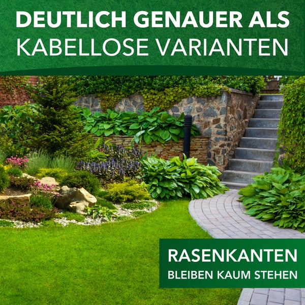 Gepflegter Garten mit präzise geschnittenen Rasenkanten entlang eines Steinwegs und einer Natursteinmauer mit üppigen Pflanzen.