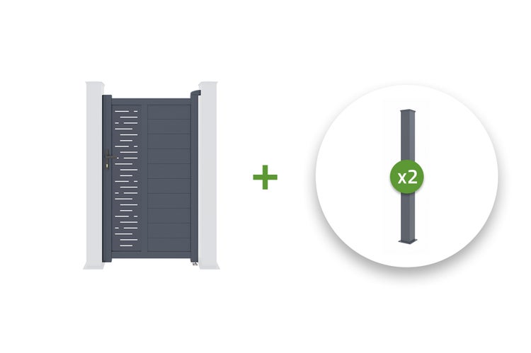 Gartentor aus dunkelgrauem Aluminium mit Dekorstreifen und zwei passenden Pfosten.