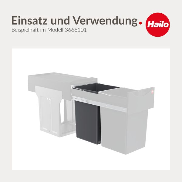 Ausziehbares Hailo Abfalltrennsystem mit zwei Mülleimern und Schienensystem zur Montage im Unterschrank. Hailo Logo.