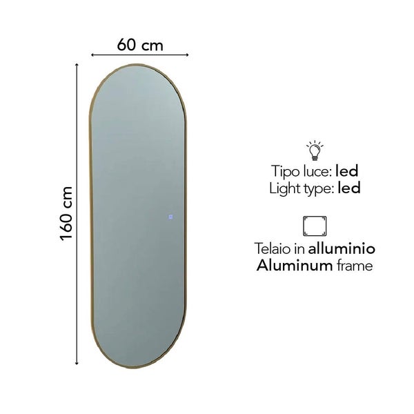 Ovaler LED-Ganzkörperspiegel mit Aluminiumrahmen, Maße 160 Zentimeter mal 60 Zentimeter.