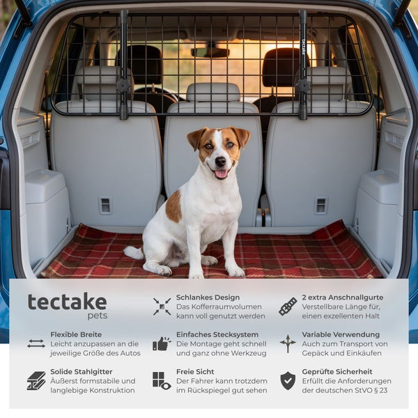 tectake pets Logo. Hundeschutzgitter im Kofferraum eines Autos mit Hund. Stabiles Stahlgitter, flexible Breite, freie Sicht und einfache Montage.