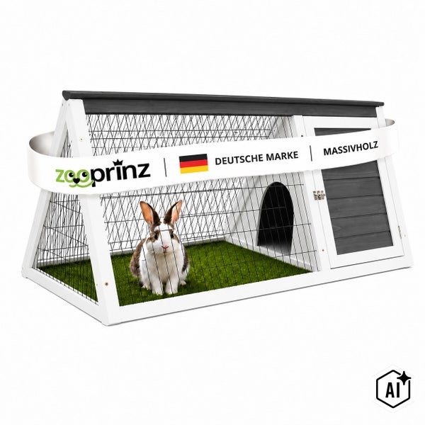 Zooprinz Kaninchenstall aus Massivholz in A-Form mit Gitterauslauf und geschlossener Schlafkammer inklusive Hase.