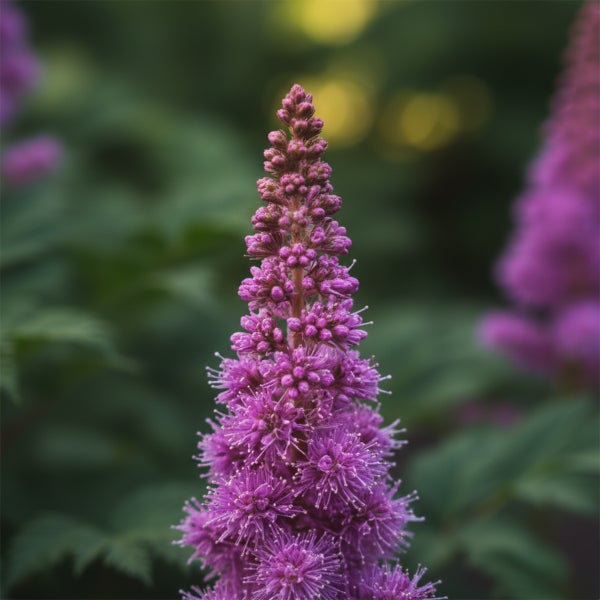 Nahaufnahme einer rosa Prachtspiere Astilbe mit kegelförmigem Blütenstand.