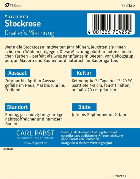 Rückseite einer Samentüte für Stockrosen Alcea rosea Chater's Mischung mit Anbauhinweisen und dem Carl Pabst Logo.