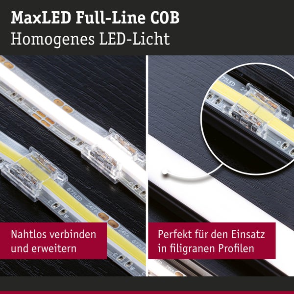 MaxLED Full-Line COB LED-Streifen mit Verbindungsstück für homogenes Licht und Einsatz in schmalen Profilen.