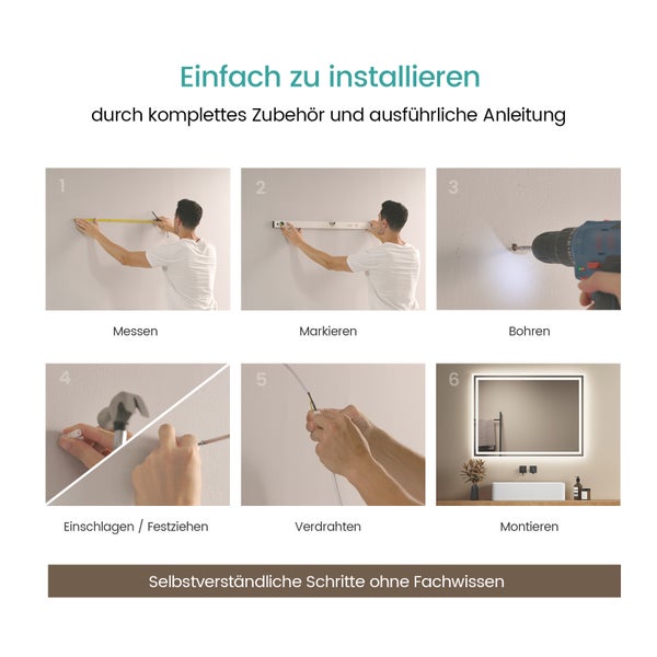 EMKE Badspiegel mit Beleuchtung 80 x 60 cm, Warmweiß/Kaltweiß, seitlicher Kippschalter, beschlagfrei, Aluminiumrahmen, IP44, für Badezimmer