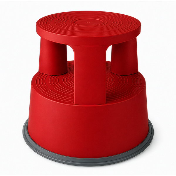 Roter Rollhocker aus Kunststoff mit zwei Stufen und geriffelter Trittfläche.