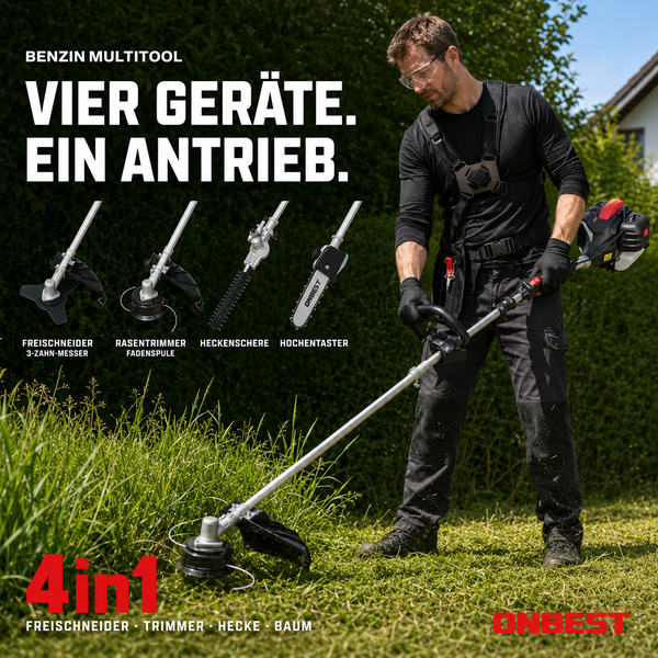 ONBEST Benzin-Multitool mit vier Funktionen: Rasentrimmer, Freischneider, Heckenschere und Hochentaster.