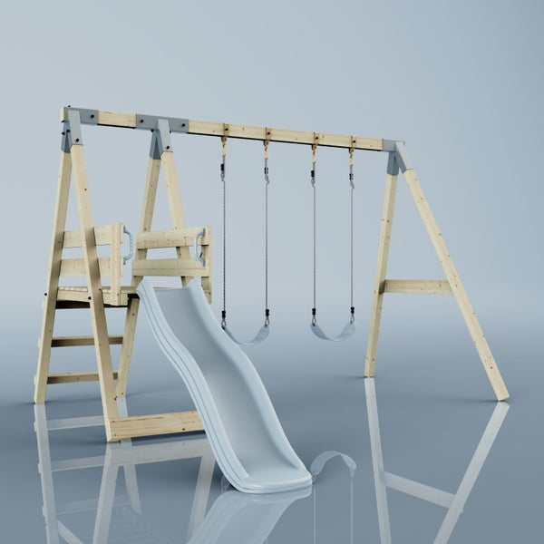 Schaukelgestell aus Holz mit Rutsche, Podest, Leiter und zwei Schaukeln.