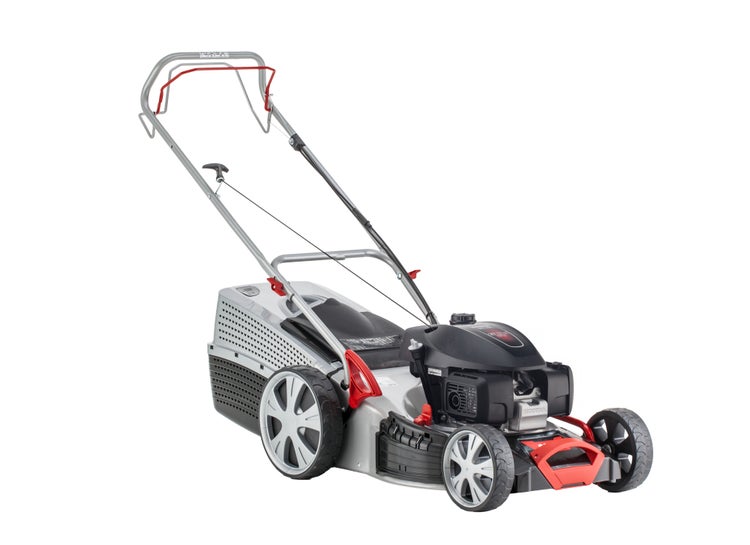 Benzin Rasenmäher mit Honda Motor und Grasfangkorb für die Gartenpflege