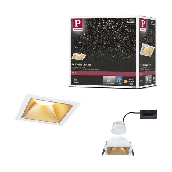 Paulmann LED Einbauleuchten Set Cole quadratisch in Weiß und Gold mit drei Stufen Dimmfunktion und Schutzart IP44