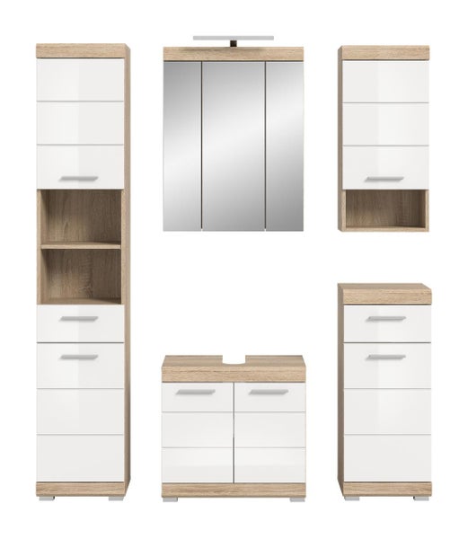 Mehrteiliges Badezimmermöbel-Set in Eiche-Optik mit weißen Hochglanzfronten, bestehend aus Hochschrank, Spiegelschrank und Unterschränken.