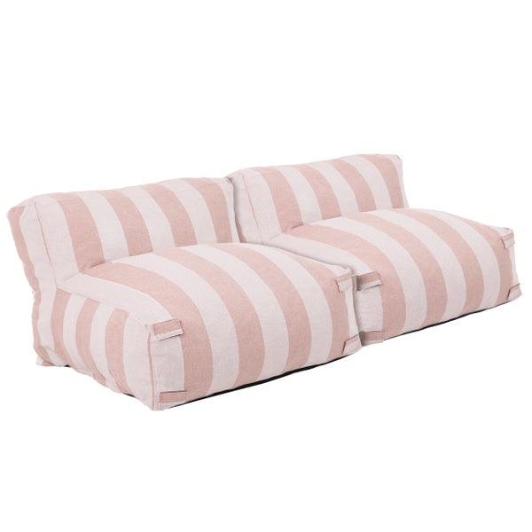 Gestreiftes Sitzsack-Sofa für den Außenbereich, Zweisitzer mit seitlichen Trageschlaufen.